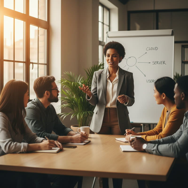 A professional presenting ideas confidently to a diverse team in a meeting