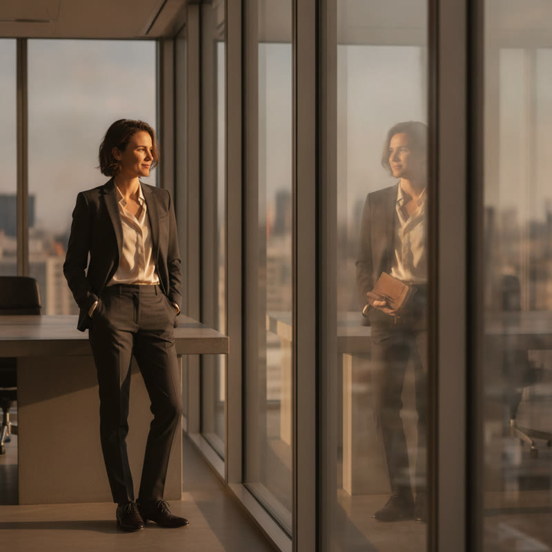 A professional in a business suit looking at their reflection in office glass, the reflection appearing subtly more raw and human