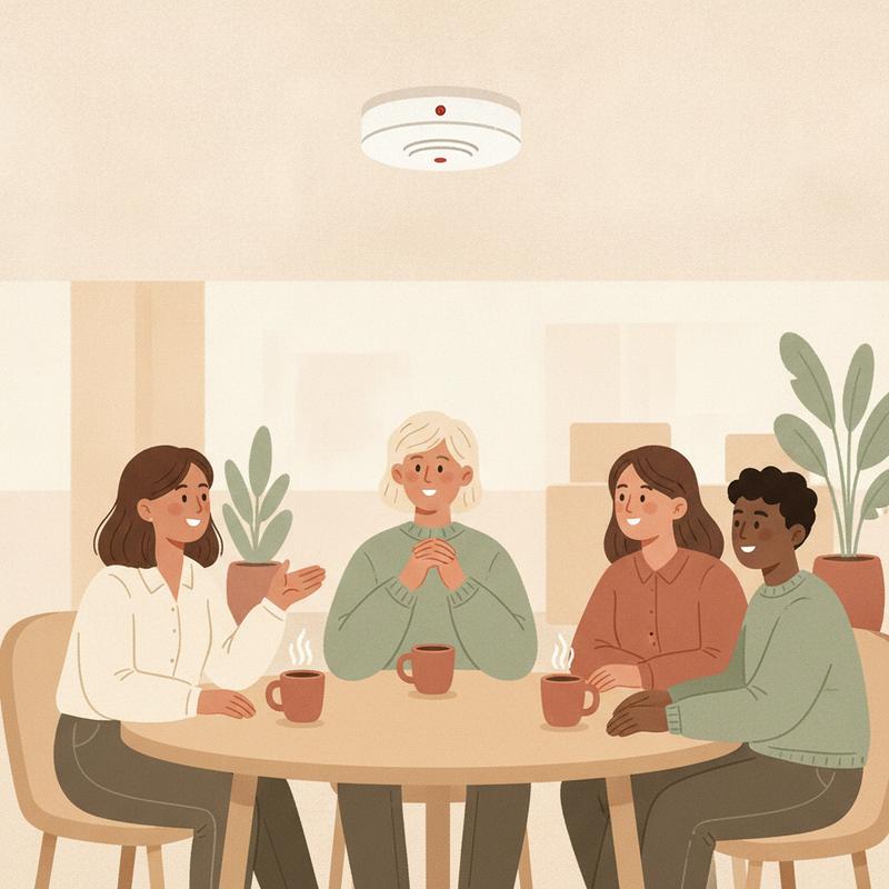 Illustration of a smoke alarm with a small red light on an office ceiling above a manager listening to three coworkers talking around a table with coffee