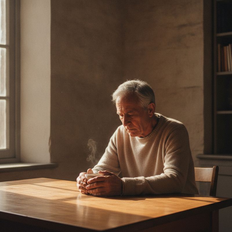 A mature man sitting quietly at a simple wooden table in morning light, hands wrapped around a coffee cup, head bowed in quiet reflection