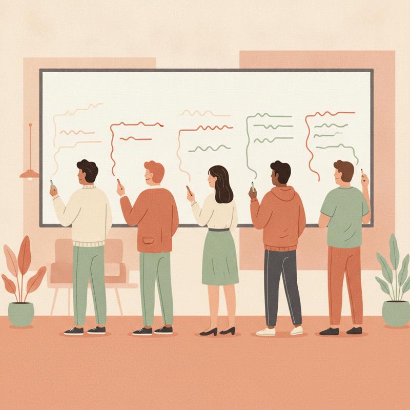 Five engineers at a whiteboard, each writing a different sentence, none looking at each other