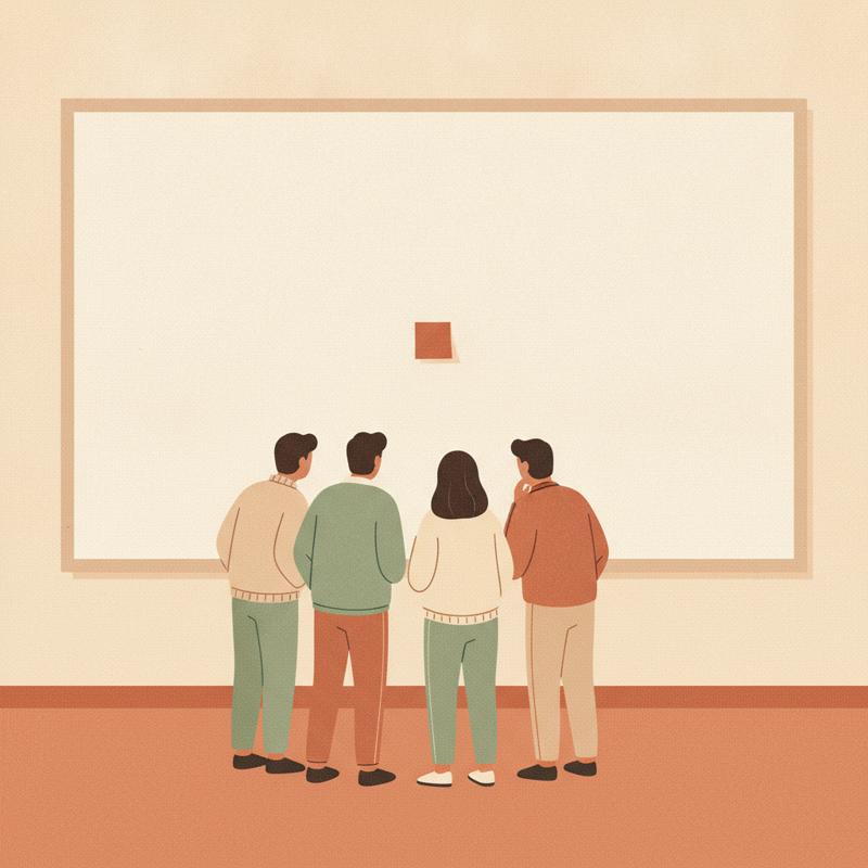 One small sticky note alone on a huge whiteboard with a team looking at it
