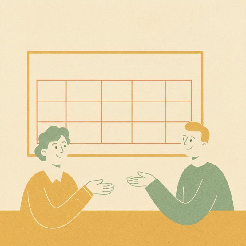 A manager and a team member talking across a desk in front of a weekly planner board