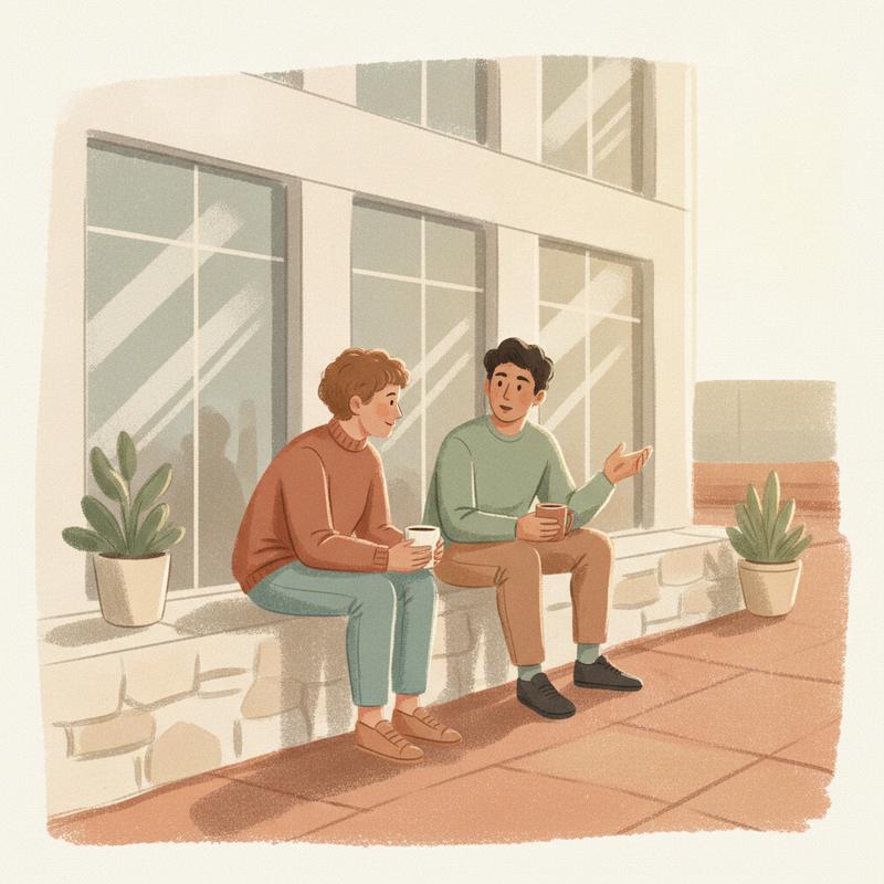 Two colleagues sitting on a low wall outside an office building with coffee, one listening closely to the other