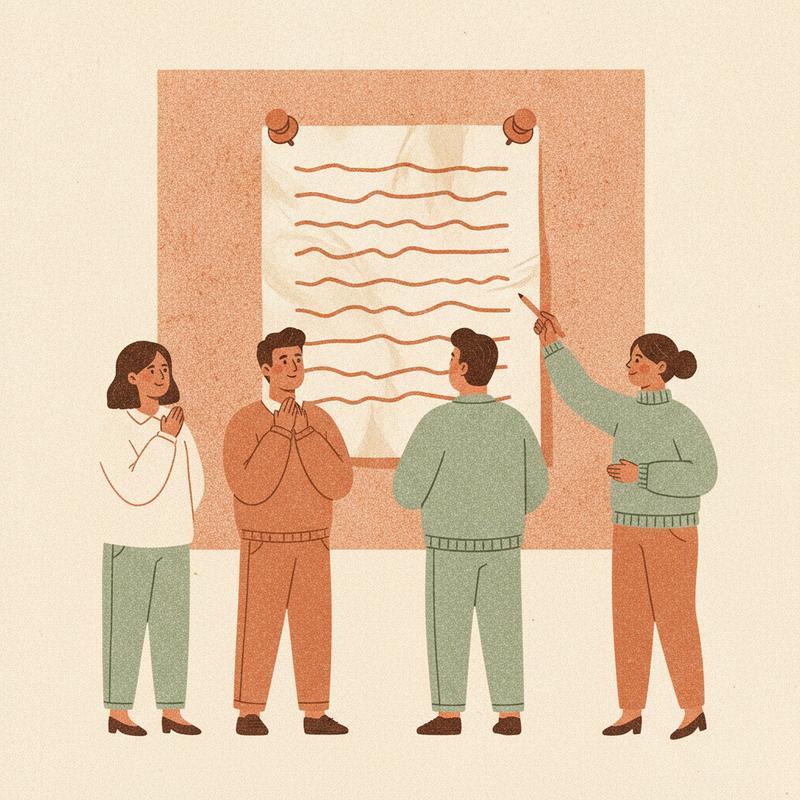 A single page pinned to a team wall with ten short lines while the team stands in front of it and one person adds a line