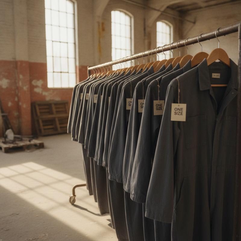 A rail of identical grey boiler suits on hangers labelled one size, hanging in an empty workshop
