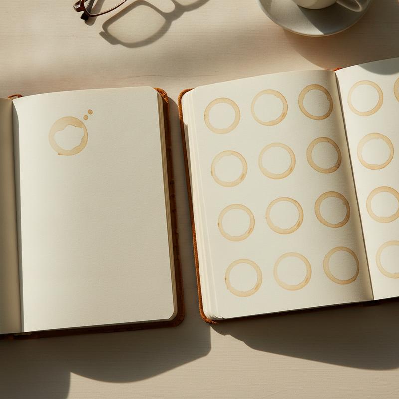 Two open diaries side by side, one with a single coffee ring stain and one with the same stain repeated across every page