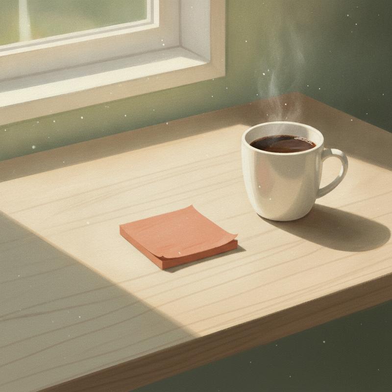 A clean empty wooden desk with one single terracotta sticky note in the centre beside a cup of coffee