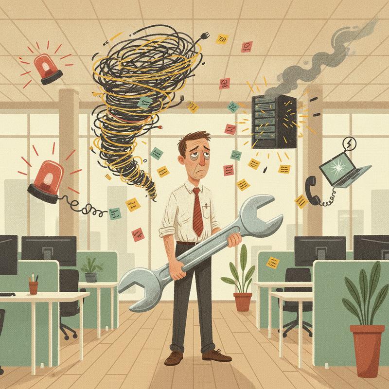 A tired engineering manager holding one oversized wrench while alarms, tangled cables, a smoking server and a broken laptop swirl around him