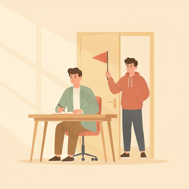A manager in a sage jacket keeps writing at his desk while an engineer stands in the open doorway behind him, holding up a red warning flag and waiting to be noticed