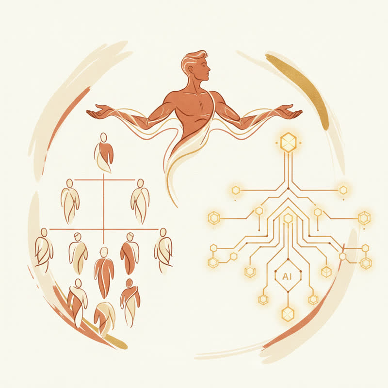 Abstract organizational chart showing human figures and AI agent circuit-board nodes connecting under a human leader