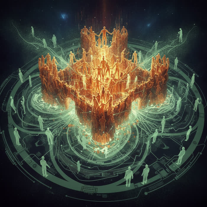 An abstract visualization of human figures forming a protective moat around a glowing connected core, representing organizational learning as a competitive edge