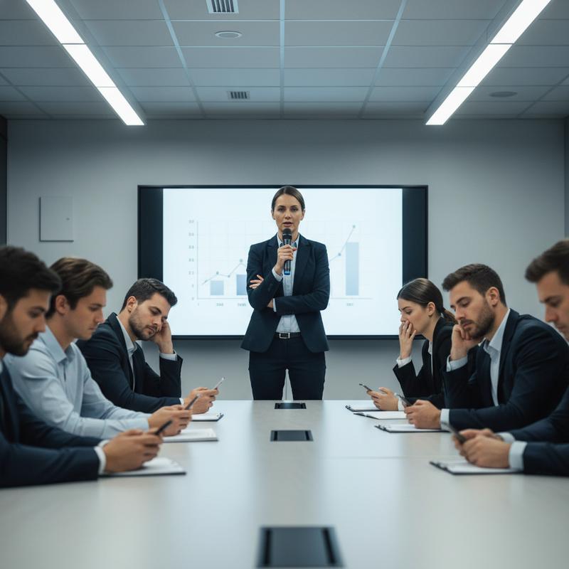A manager presenting alone while the team disengages around the table