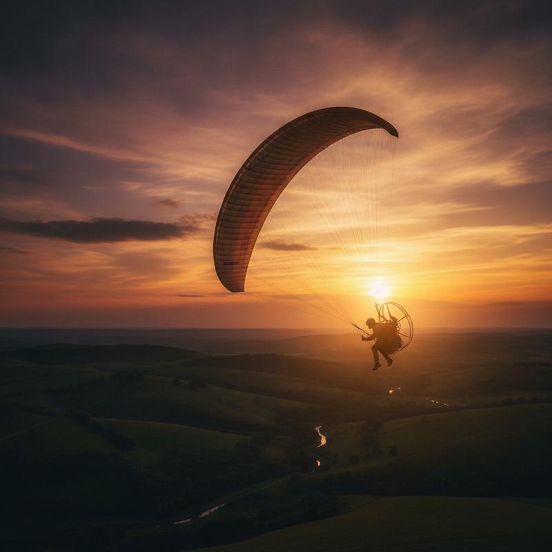 A lone paramotor pilot silhouetted against a dramatic orange sunset, banking over green hills