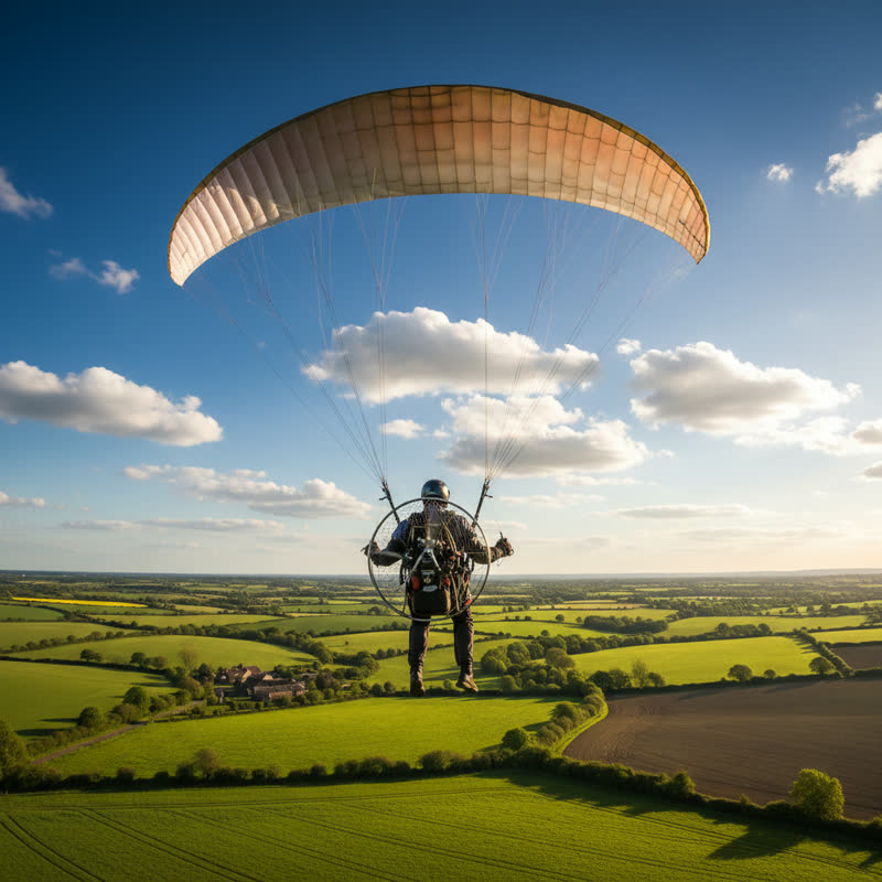 A paramotor pilot flying over green farmland under a blue sky