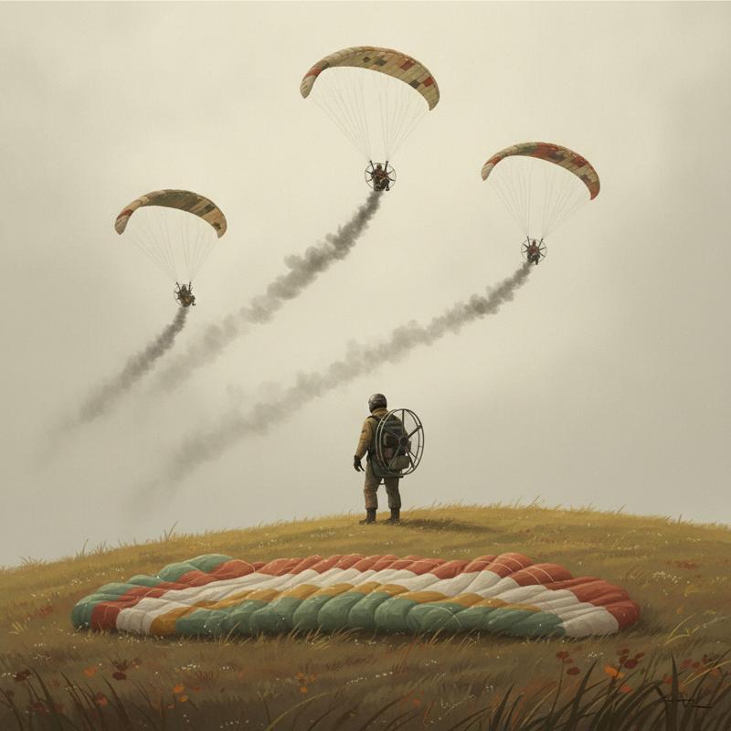 A paramotor pilot standing on a grassy hilltop beside a crumpled, uninflated wing while other pilots fly overhead trailing smoke