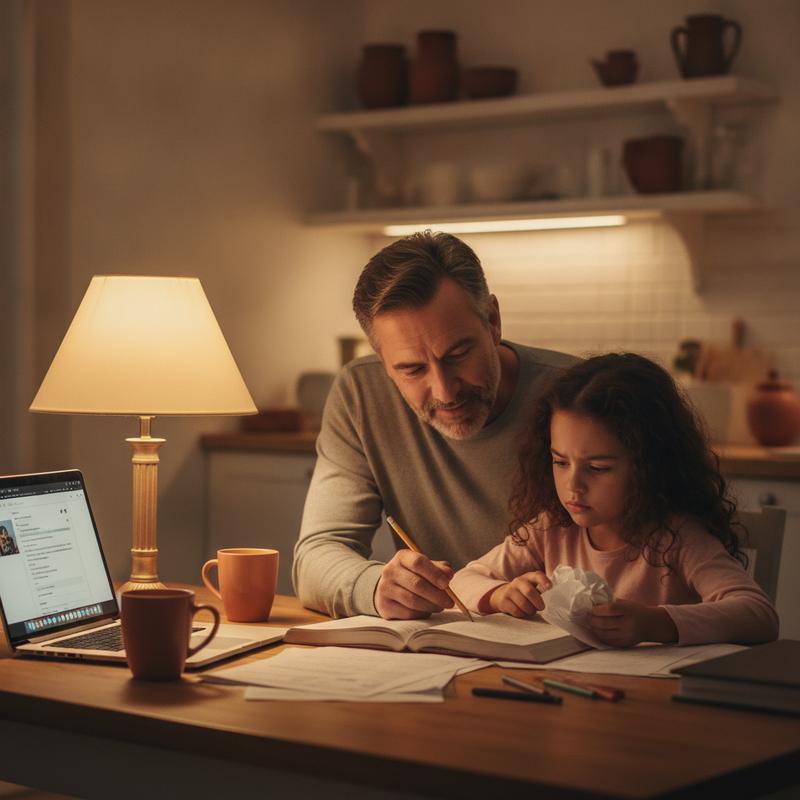 A father at a kitchen table at night patiently helping his daughter with homework, his laptop pushed aside