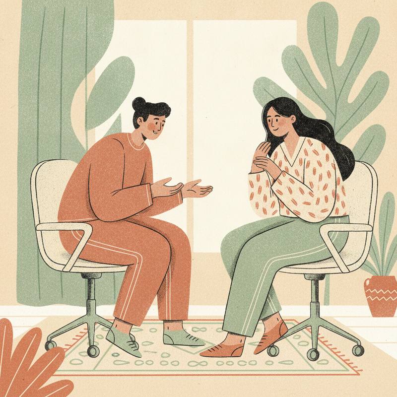 Two colleagues sitting side by side in an office corner, one listening with open hands, warm editorial illustration