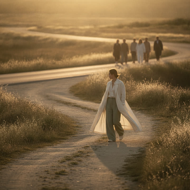 A person walking alone down a quiet path away from a crowd