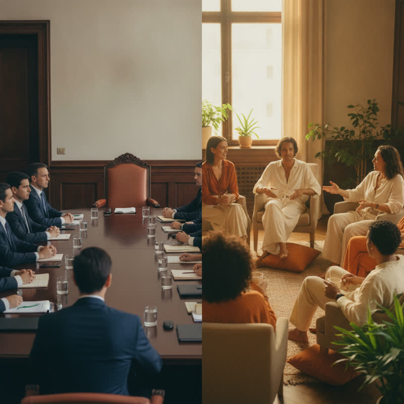Split scene: a stiff formal boardroom versus a relaxed circle of people talking as equals