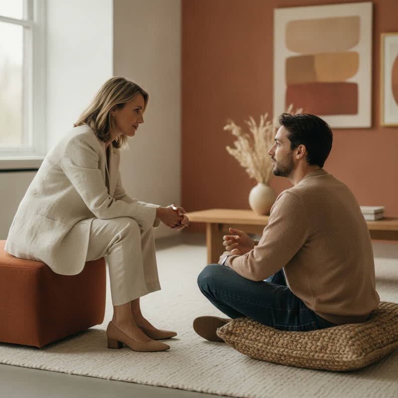 A leader sitting at eye level with a team member, genuinely listening