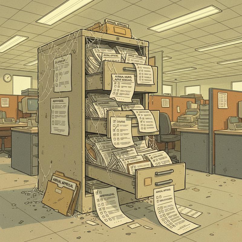 A dusty filing cabinet overflowing with annual appraisal forms