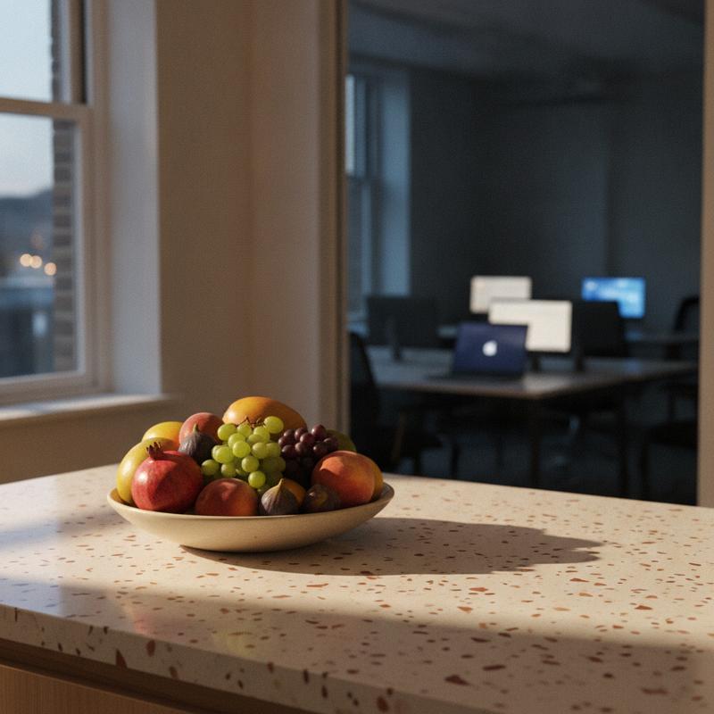 An untouched bowl of fruit on an empty office kitchen counter late at night