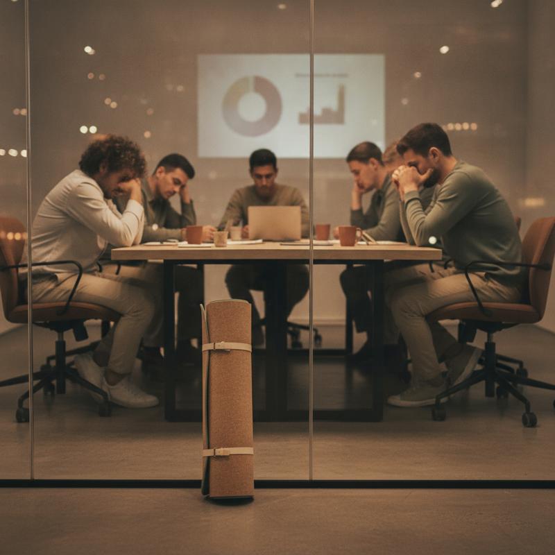 A rolled-up yoga mat propped against the glass wall of a meeting room where a late meeting drags on