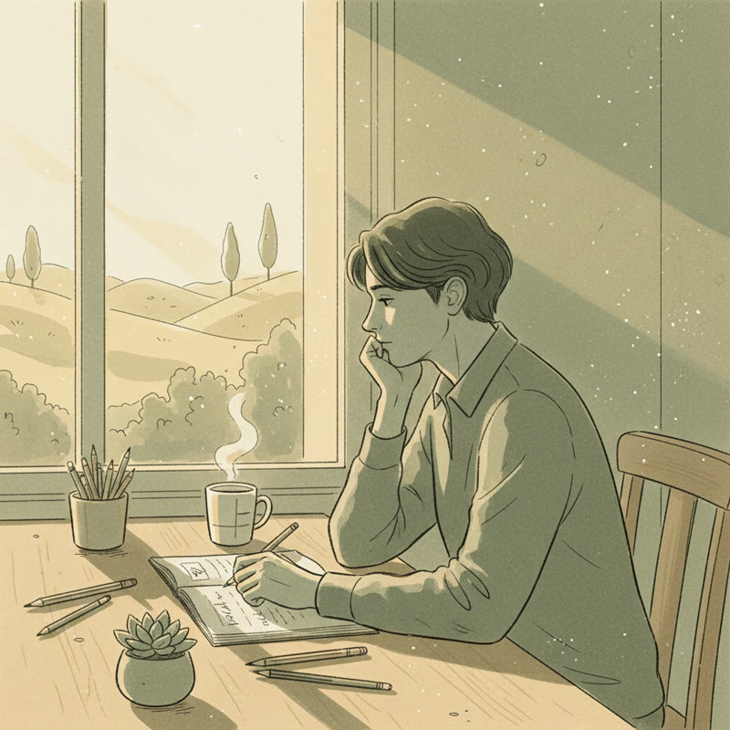 A person at a desk by a window, reflecting thoughtfully with a notebook and coffee