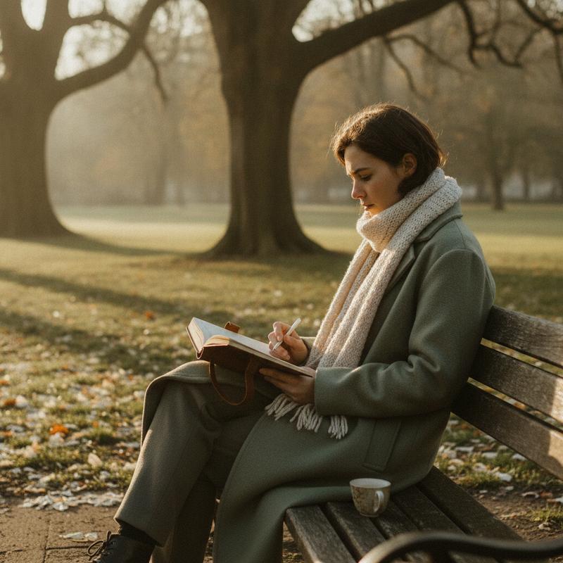 A person sitting quietly in a park, journaling in morning light
