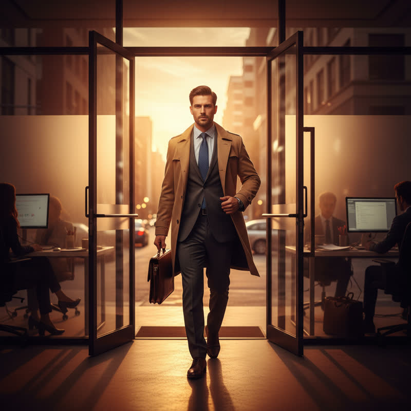 Person walking confidently out of the office at the end of the day