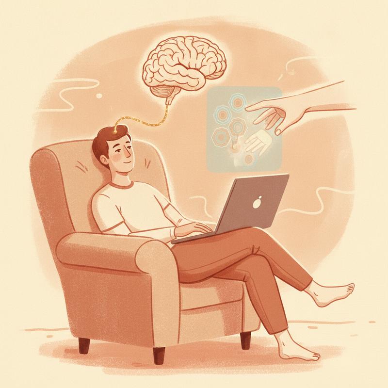 A person relaxed at a laptop with their brain floating toward an AI interface