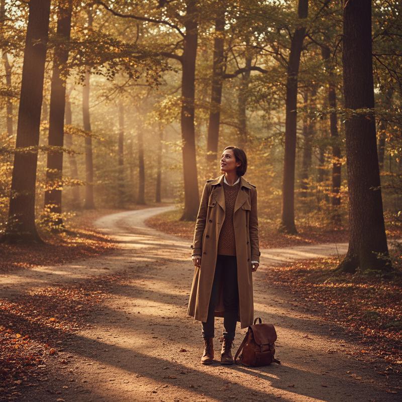 A person pausing thoughtfully on a path at golden hour