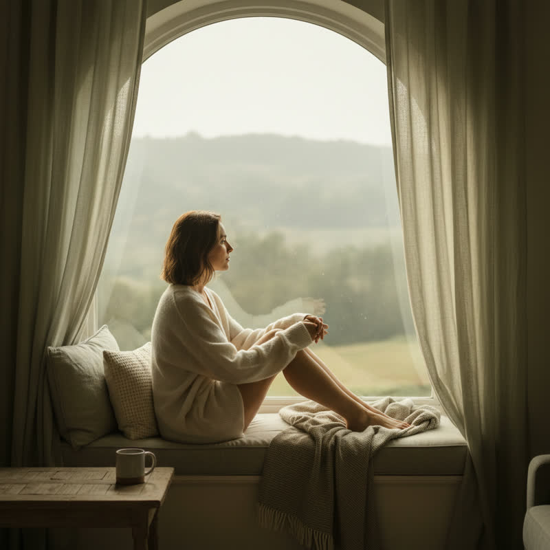 A person sitting quietly in self-reflection, looking peacefully out a window with soft morning light