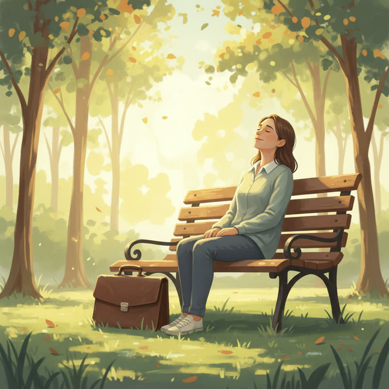 A person sitting peacefully on a park bench in soft morning light, an empty briefcase open beside them