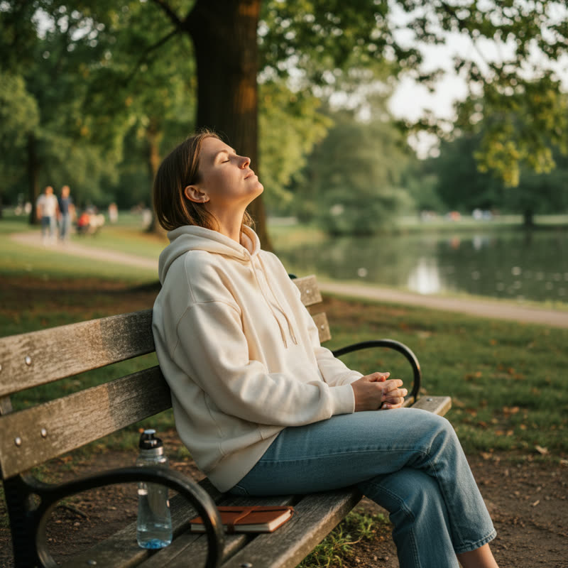 Person sitting quietly on a park bench, resting outdoors