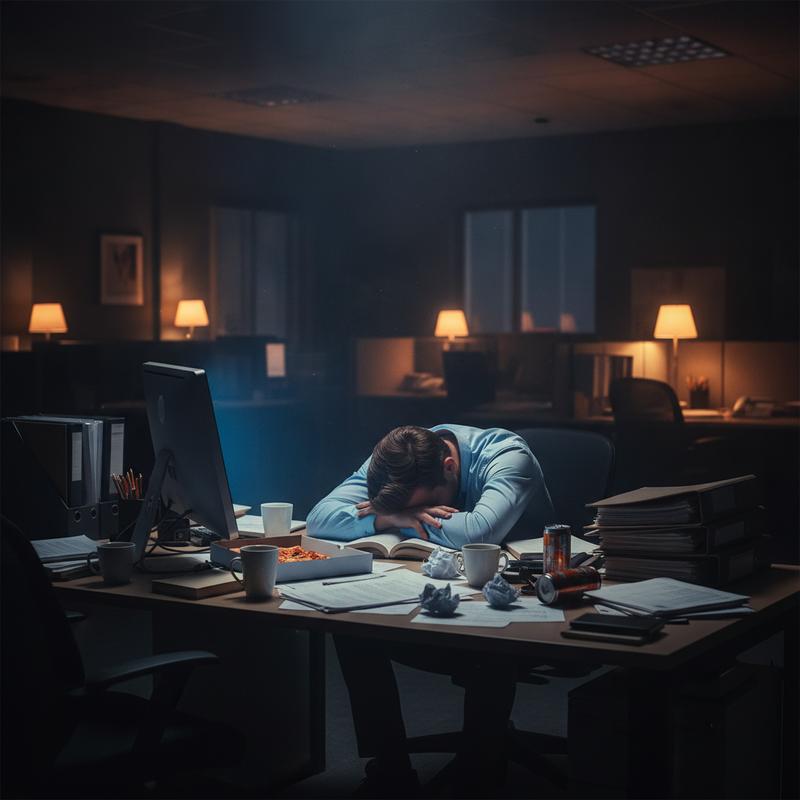Person slumped exhausted at a cluttered office desk late at night, surrounded by empty coffee cups