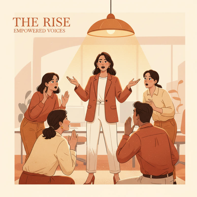 A woman standing and speaking confidently in a group, others listening attentively