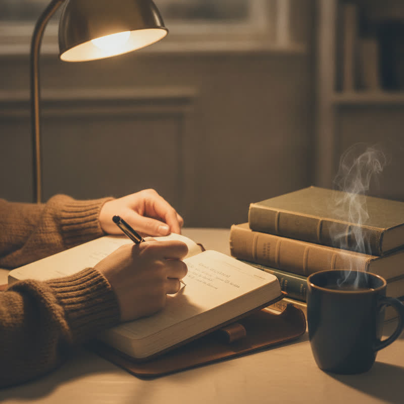 A person writing in a journal late at night by warm lamp light, finding their authentic voice