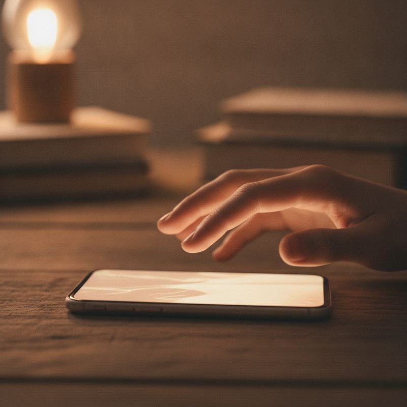 A smartphone lighting up with an incoming call on a wooden desk in dim evening light, a hand hovering nearby not yet answering