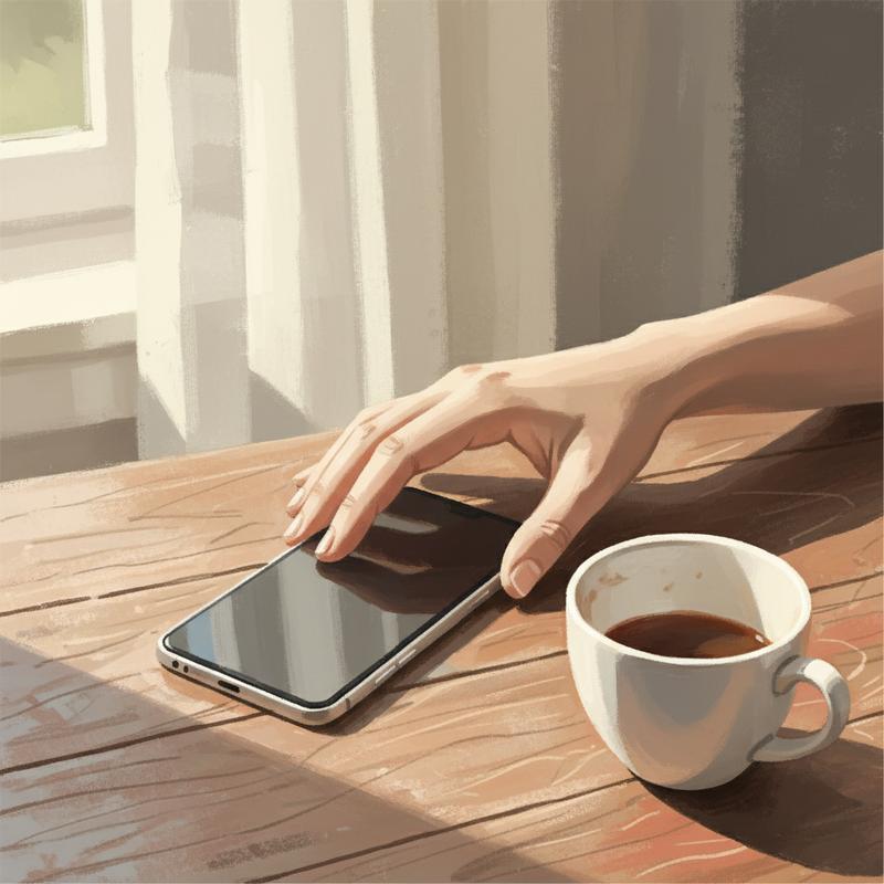 A hand placing a smartphone face-down on a wooden table beside an empty coffee cup