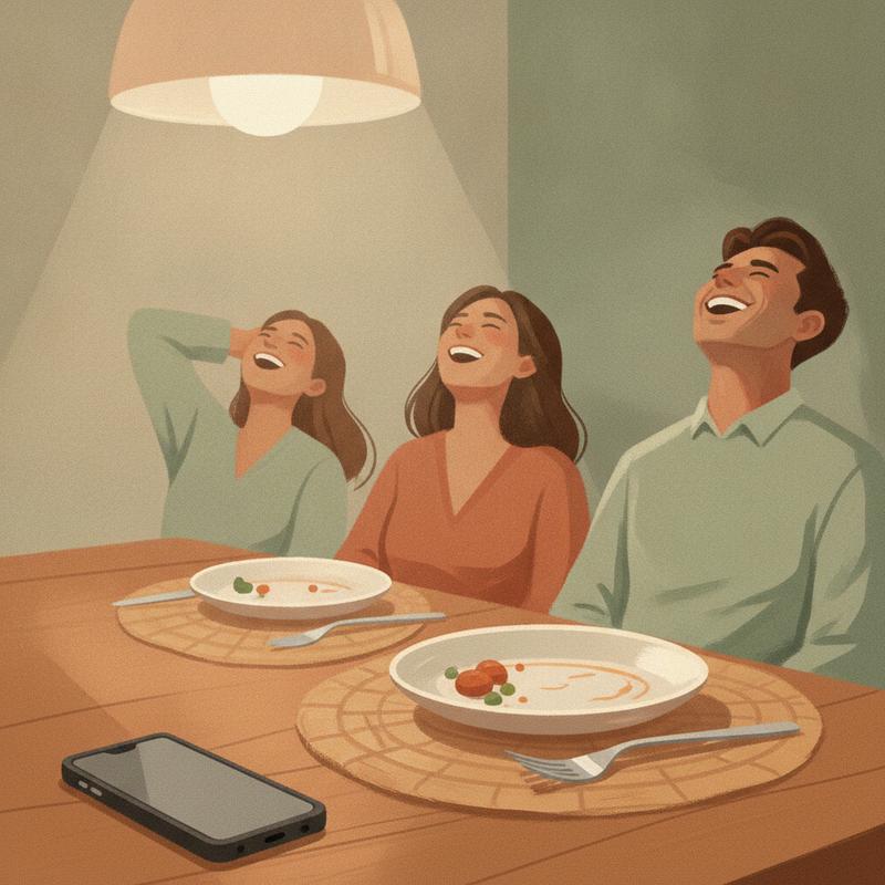 A family laughs around a dinner table in the evening while a smartphone lies face down beside a plate