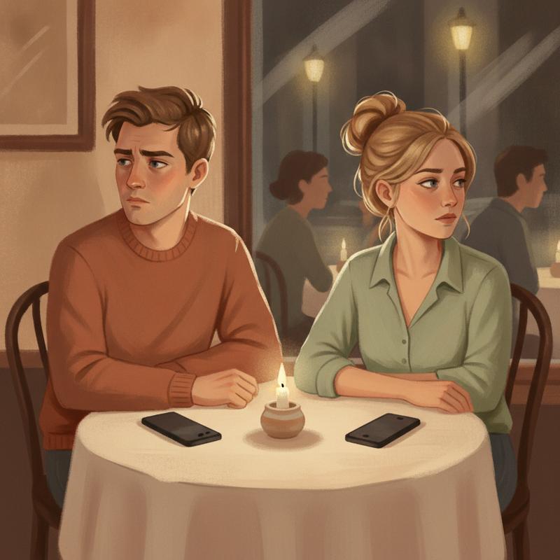 A couple at a restaurant table with both phones face down, sitting in awkward silence