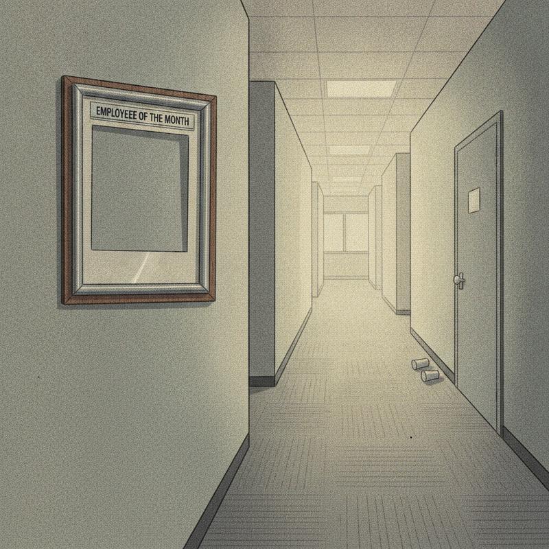 An empty office corridor with a generic employee of the month plaque frame on the wall