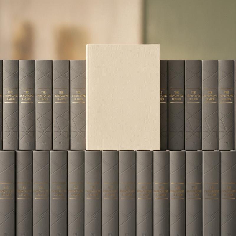 A shelf packed with identical grey leadership hardbacks, with one plain blank notebook standing among them