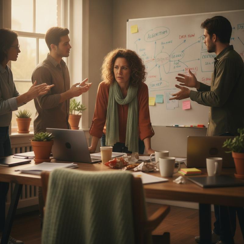 A manager listening to a small engineering team around a whiteboard covered in messy diagrams