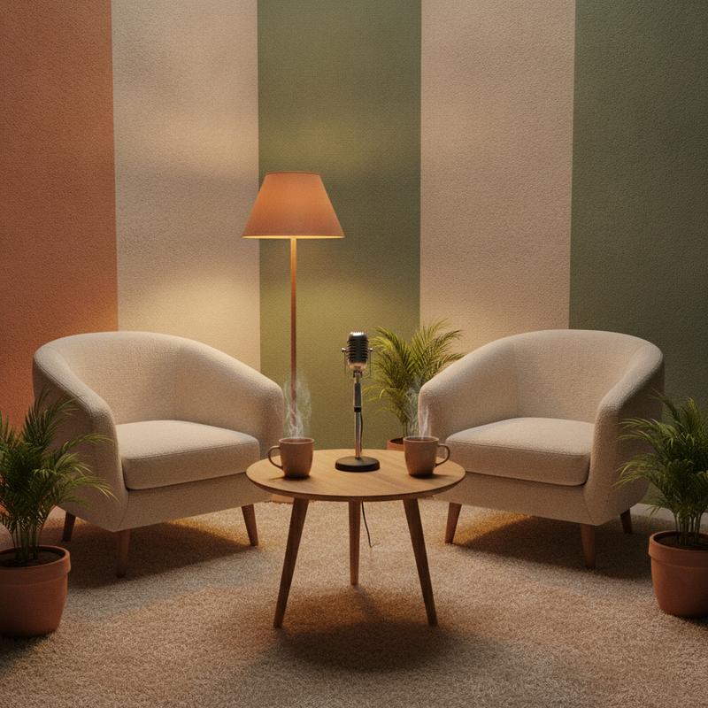 Two empty chairs facing each other across a small table with a podcast microphone and two mugs of tea under warm lamp light
