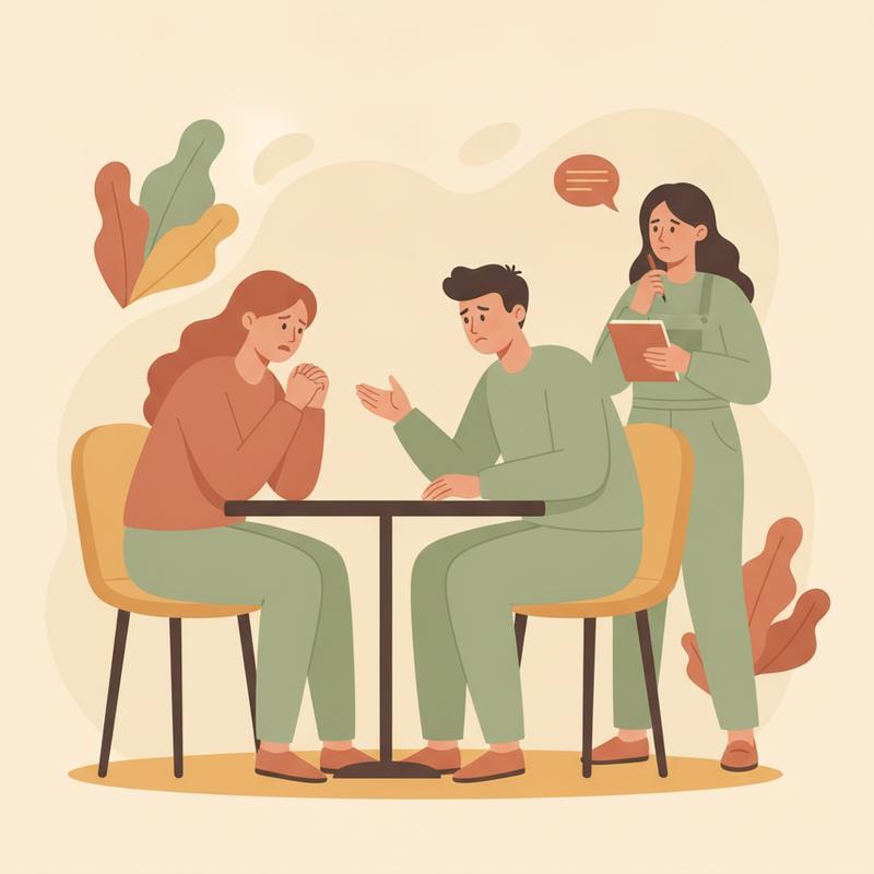 Two colleagues rehearsing a difficult conversation at a table while a third person observes and gives feedback