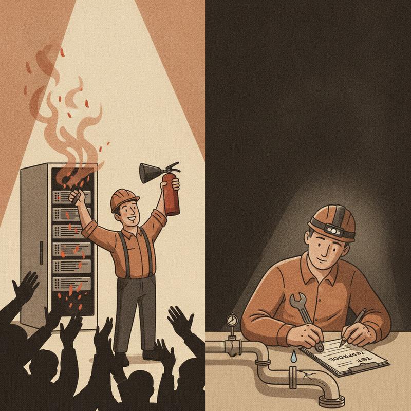 Editorial illustration showing an engineer applauded in a spotlight holding a fire extinguisher beside a smoking server rack, while another engineer quietly patches a pipe in the shadows