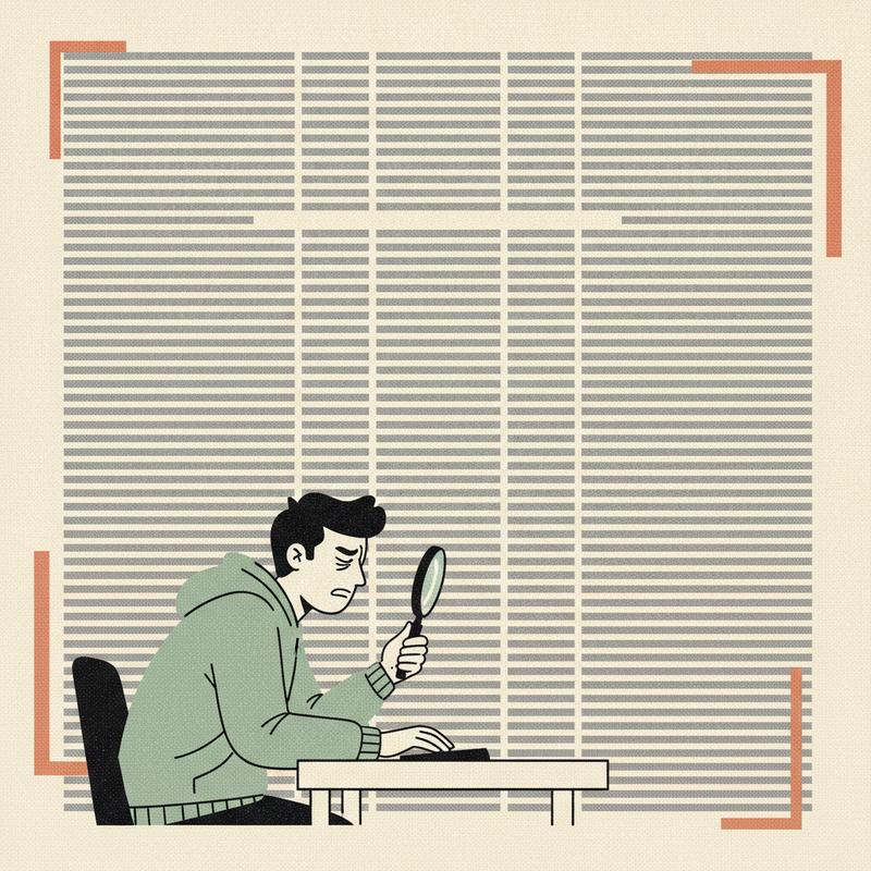 Editorial illustration of a wall of identical featureless notification lines with one engineer squinting at it, finding nothing to act on